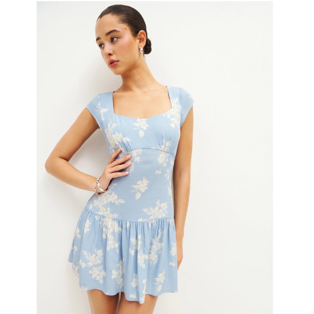 Reformation Olencia Bijou Dress. NWT. Blue & White Floral Pattern. Size 6